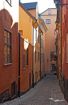 Narrow street in the old city center of Stockholm, Sweden.