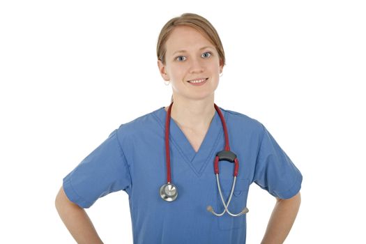 Smiling friendly nurse in blue uniform, on white background.
