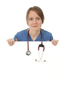 Nurse with stethoscope hanging over blank banner ad, isolated on white.