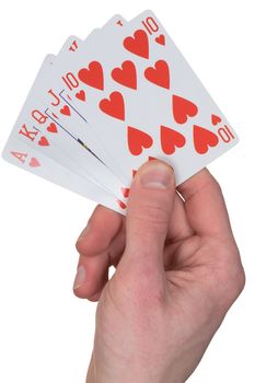 Playing card with heart on hand on the white background