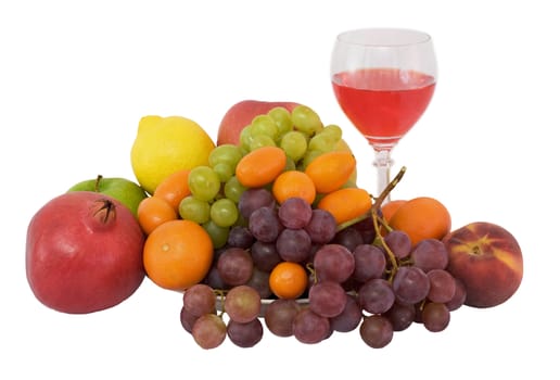 Bright still life with grapes and wine on white