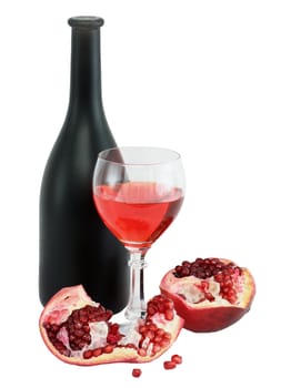 Still-life with a glass of wine, bottle and a red pomegranate