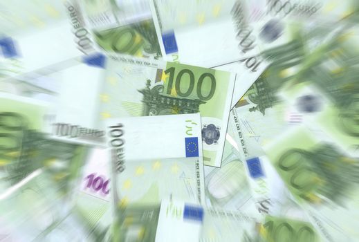 100 Euro notes background texture - mingled pile - blured, center focused