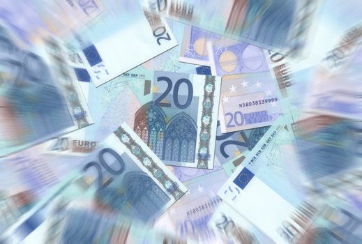 20 Euro notes background texture - mingled pile - radial blur, center focused