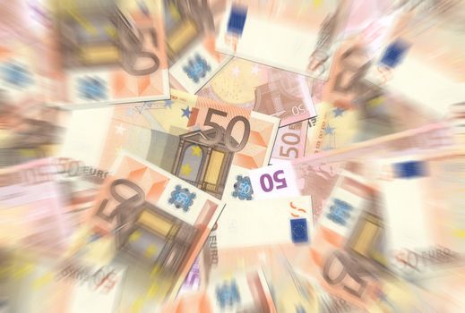 50 Euro notes background texture - mingled pile - radial blur, center focused