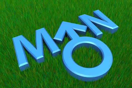 blue word man on grass with male gender symbol