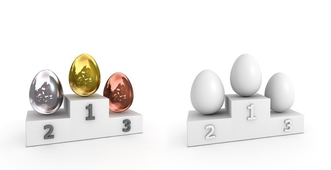 victroy podium with three eggs in gold, silver, bronze white