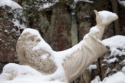 Statue of Vainamoinen, the central character from Finnish national epic Kalevala. The statue is located in Mon Repos landscaped park near Saint Petersburg.