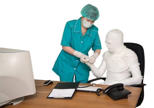 The bandaged boss and nurse in office