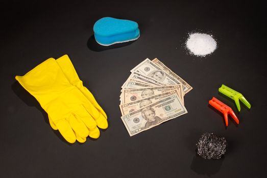 Money laundery kit, cleaning objects around dollar notes