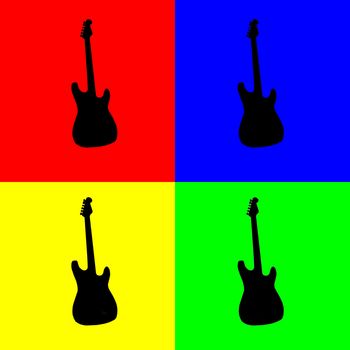 Silhouette of electric guitar in black over four complementary colors