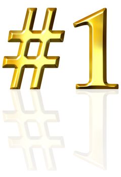 3d golden number one with reflection isolated in white