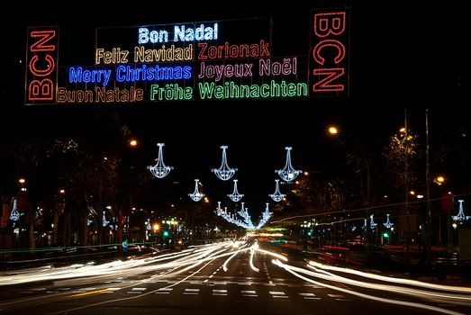 busy Pg. de Gracia in Christmas time with seasonal lightings