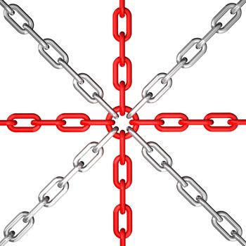 3d illustration of a group of red and silver chain - conceptual image