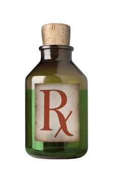 Old fashioned drug bottle with label, isolated.