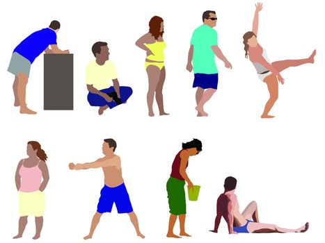 Illustration of nine people at the beach