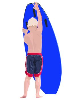 Illustration of a small boy steadying a large blue surfboard