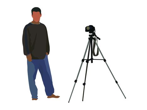 Illustrated photographer with his camera on a tripod