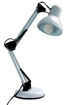 White desk lamp with spiral type energy saving light. Isolated on white with included clipping path.