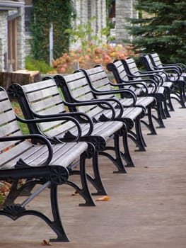 Eight benches in a row along a street in an appalacian mountain town