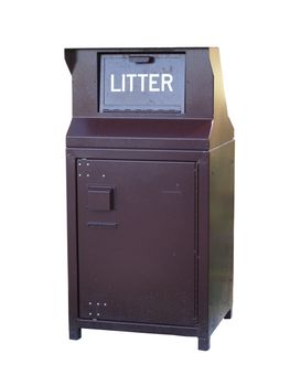 A brown metal industrial strength waste receptical with the word litter on the door. Isolated on white with a clipping path.