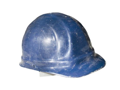 An old used blue hard hat with scratches and obvious wear. Isolated on white with clipping path.