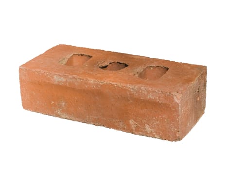 Red clay brick with three holes isolated against white with clipping path.