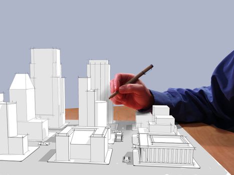 Architect drawing a city in 3d on his desk