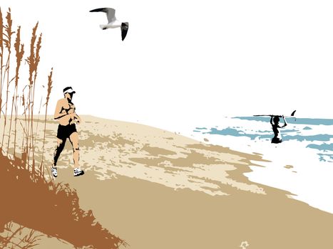 Illustration of a beach scene with a jogging man, a youth in the surf holding a surfboard, sea oats and a seagull. Space for text.