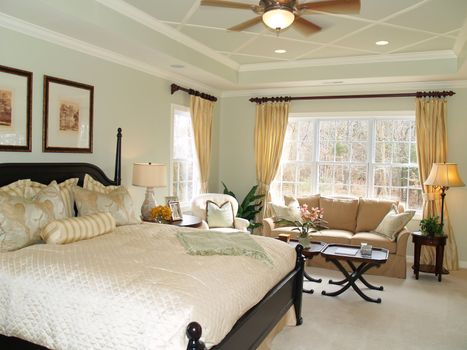 Luxury master bedroom suite in an upscale american home showing the king sized bed, sitting area and tray ceiling. 