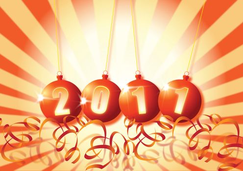 A New Year themed image on a landscape format with 2011 set in a set of orange baubles with orange paper style decorations surrounding.