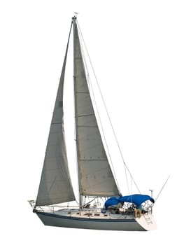 Sailboat under full sail with blue canopy isolated against a white background. Clipping path included. All rigging and metalwork has been preserved.