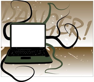 Illustration of a laptop computer with tentacles and the word Danger in a grunge style