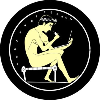 Illustration of an ancient greek youth with a laptop and cellphone
