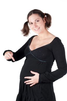 Portrait of pretty pregnant woman in black dress isolated on white