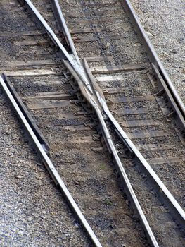 Detail of railroad switch with rails, ties and gravel