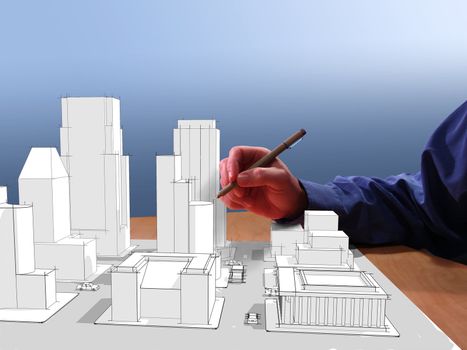 Architect drawing a city in 3d on his desk