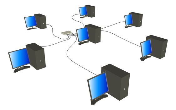 Illustration of seven 3d rendered computers arranged in a star pattern network