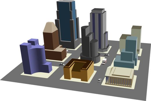 Illustration of 3D view of 9 blocks of a model city, with clipping path