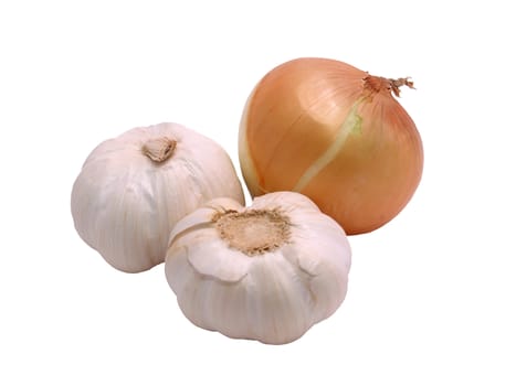 An onion and two heads of garlic isolated on white with clipping path