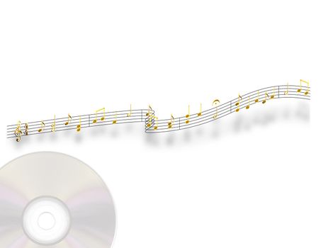Golden musical notes on a stylized staff with a compact disc