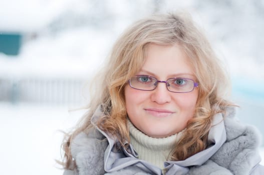 Shot of beautiful blond woman, outdoor, winter