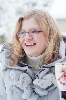 Shot of beautiful blond woman, outdoor, winter