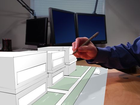 An architect drawing in 3D on his desk