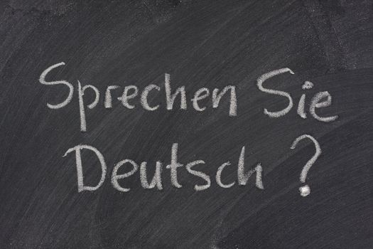 Sprechen Sie Deutsch? Do you speak German question handwritten with white chalk on a blackboard with eraser smudges