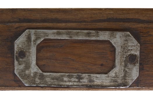 vintage label holder on front of flat, wooden drawer )old typesetter case)