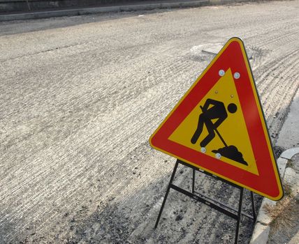 Road works with traffic sign