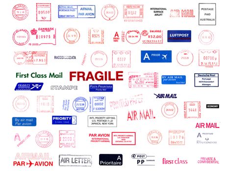 Postage meters, rubber stamps, mail labels isolated over white