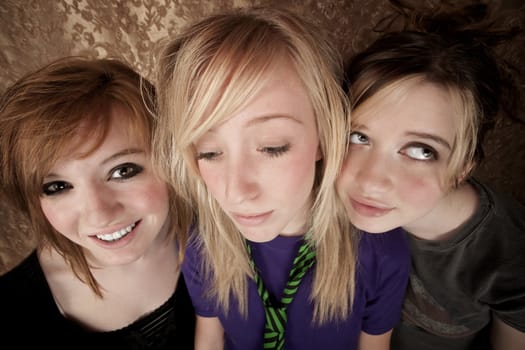 Portrait of three pretty young girls on a gold background