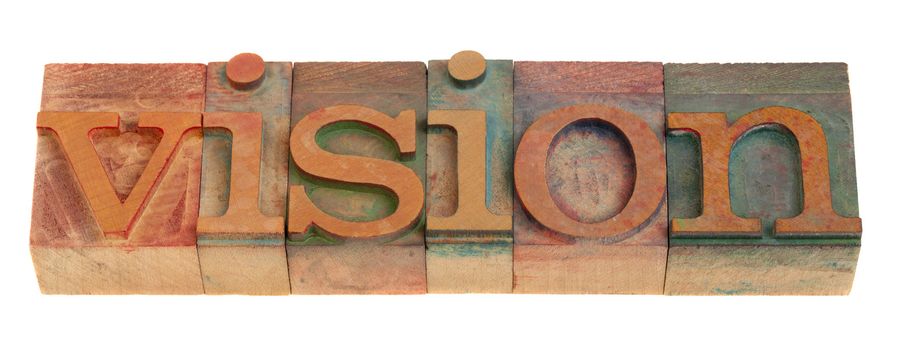 vision - word in vintage wooden letterpress printing blocks isolated on white